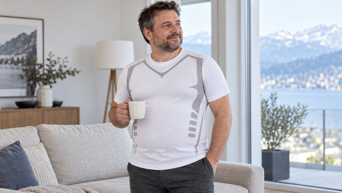 Mann in Kompressions Longsleeve Herren Passform mit Tasse in modernem Wohnraum, Blick auf Berge.