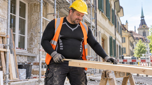 Mann im kompressionsshirt für männer misst Holz auf Baustelle, trägt Schutzhelm und Safety-Weste.