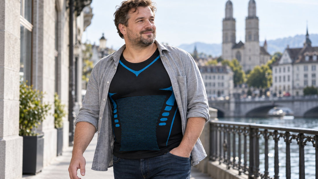 Mann in Kompressionsshirt für Sport entlang einer Zürcher Uferpromenade.
