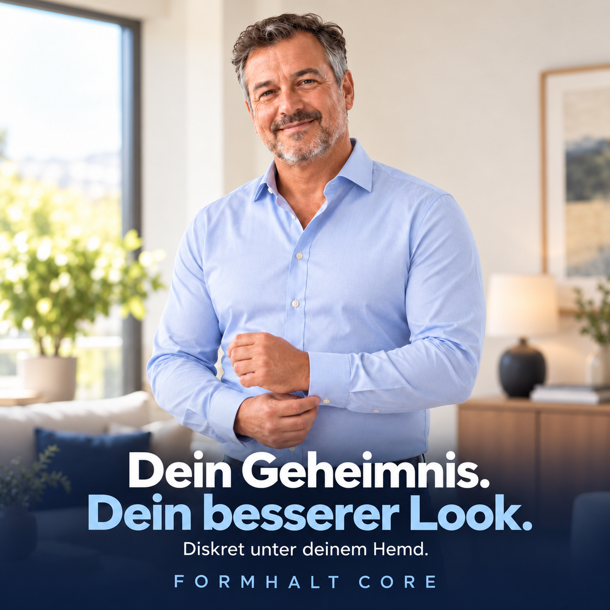 Mann im hellblauen Hemd richtet seine Manschette. Texteinblendung: „Dein Geheimnis. Dein besserer Look. Diskret unter deinem Hemd. FORMHALT CORE.“