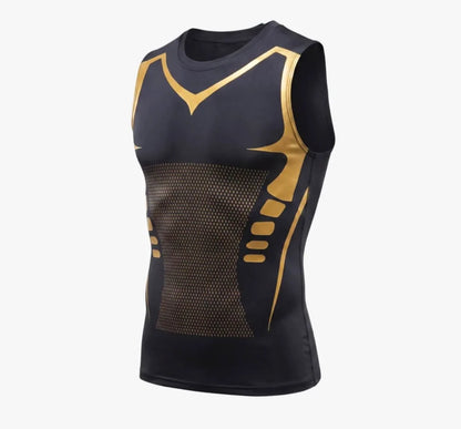 FORMHALT CORE Tank – Kompressions-Tanktop für Herren in Schwarz mit goldenen Akzenten, Frontansicht.