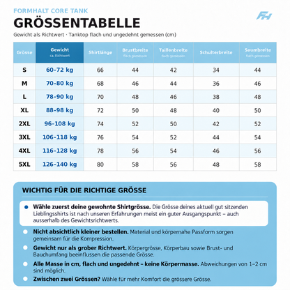 FORMHALT CORE Tank Grössentabelle S bis 5XL mit Shirtmassen in Zentimetern und Gewicht als grobem Richtwert.