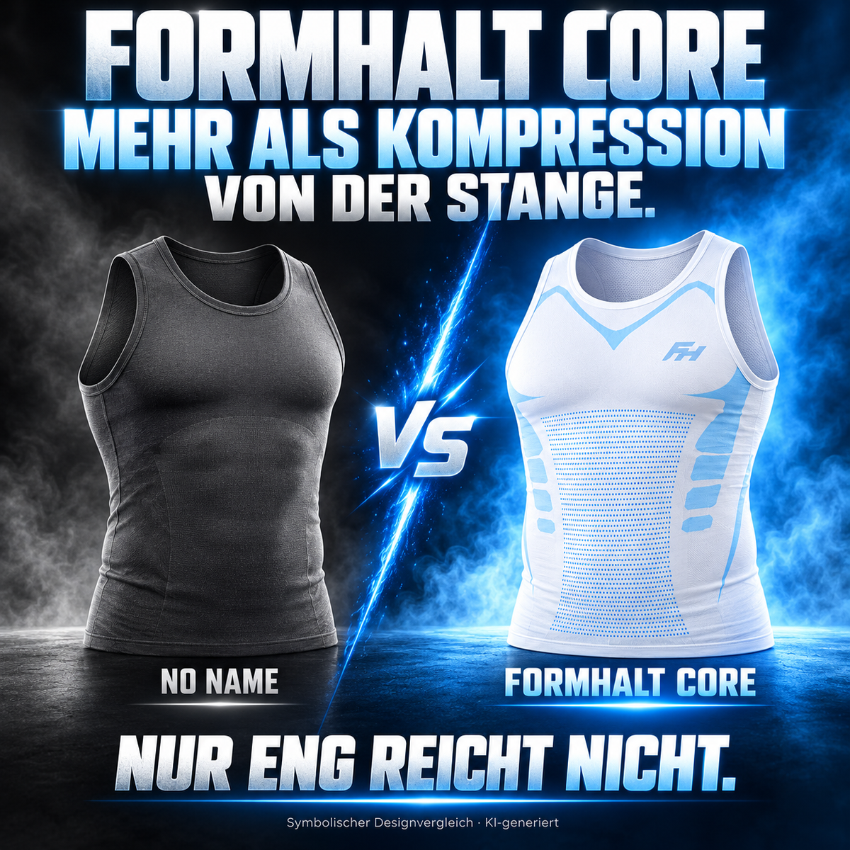 Vergleich: schwarzes No-Name-Kompressionsshirt neben dem weiss-blauen FORMHALT CORE Tanktop mit formenden Zonen.
