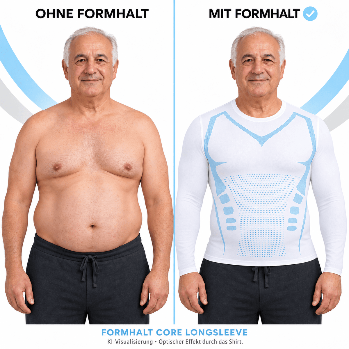 Vergleich: Herren in Kompressions-Langarmshirt für Herren gegenüber ohne es, zeigt den optischen Effekt mit FORMHALT.