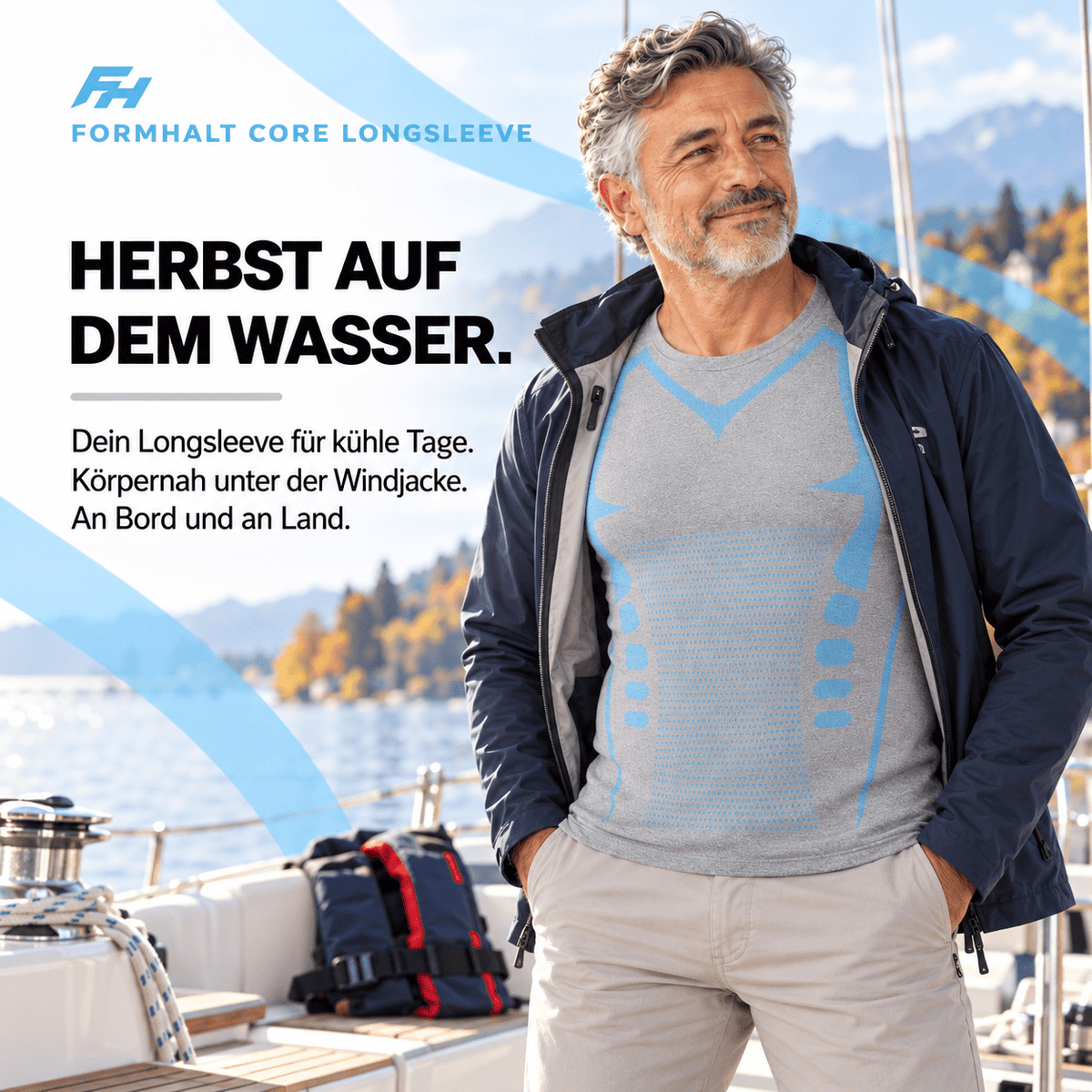 Kompressions-Langarmshirt für Herren von FORMHALT CORE, ideal für kühle Tage auf dem Wasser.