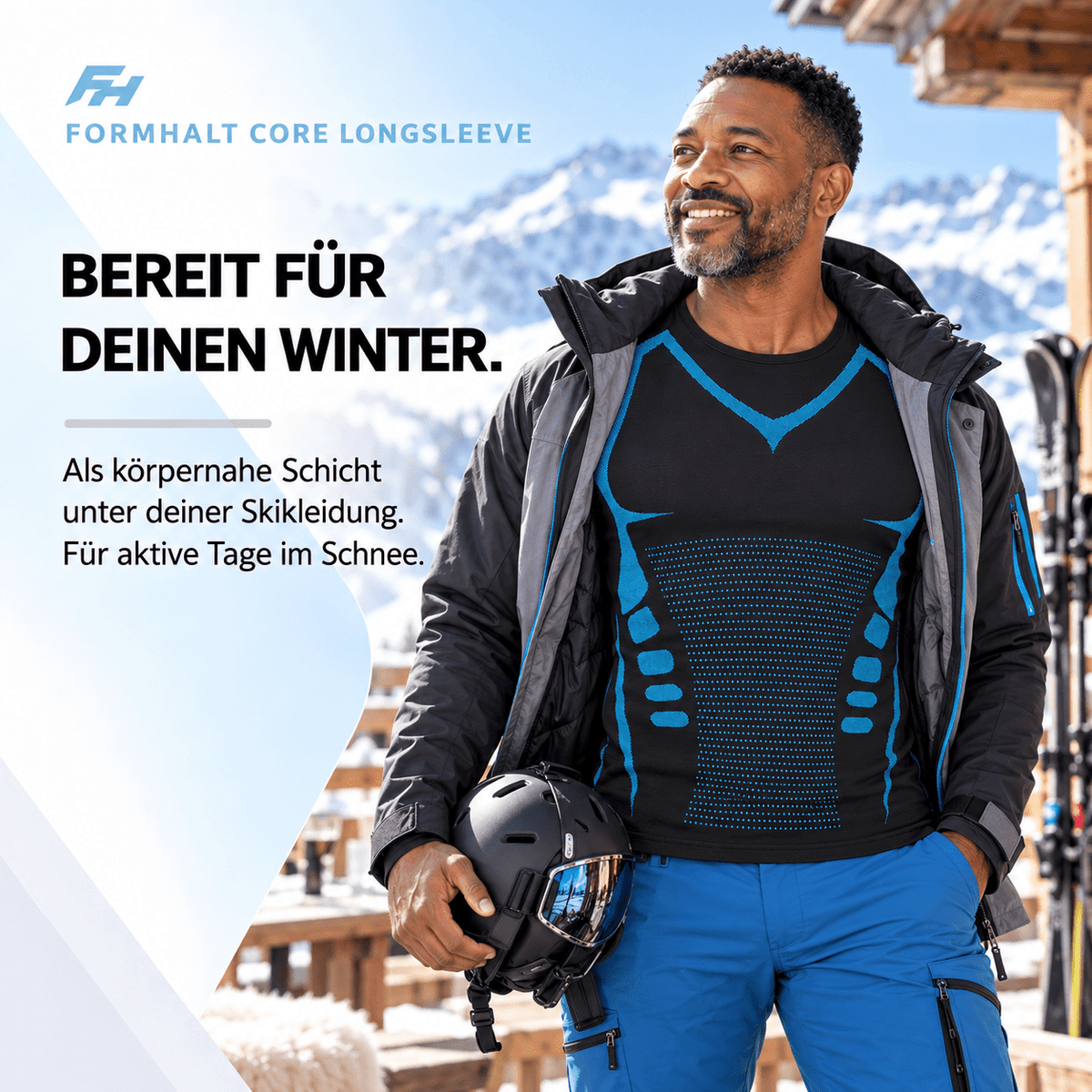 Kompressions-Langarmshirt für Herren von FORMHALT CORE, ideal für den Winter unter Skikleidung.