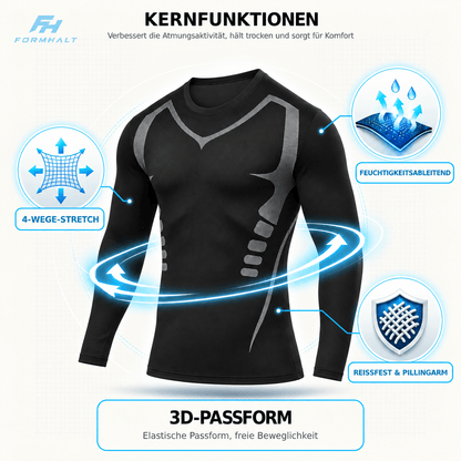 Kompressions-Langarmshirt für Herren im Fokus, 3D-Passform und 4-Wege-Stretch für optimale Beweglichkeit.