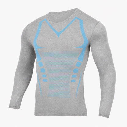 Kompressions-Langarmshirt für Herren in Grau mit blauen Akzenten, ideal für den Alltag und sportliche Aktivitäten.