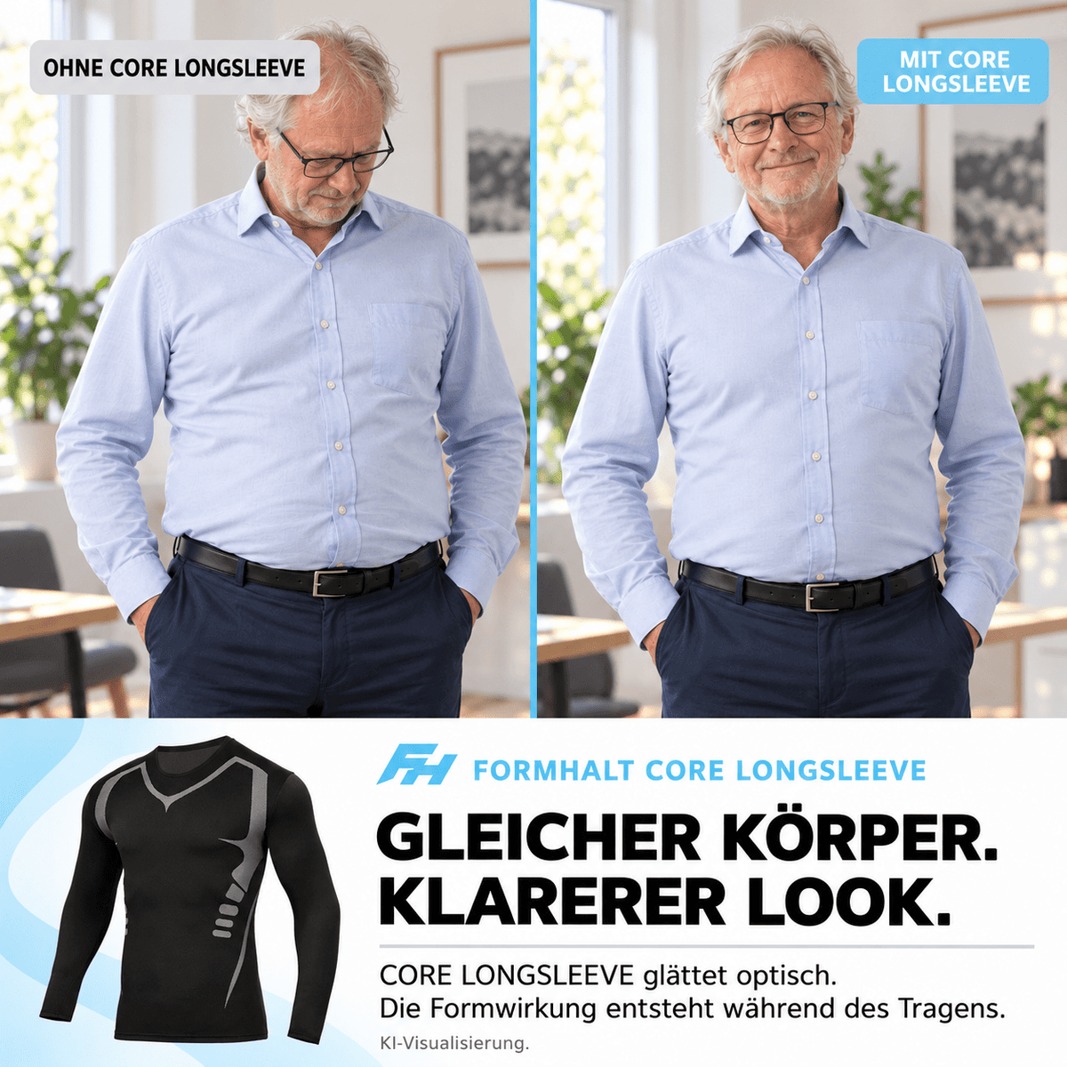 Modell zeigt Kompressions-Langarmshirt für Herren von FORMHALT CORE zur optimalen Körperformung und Stilausgleich.