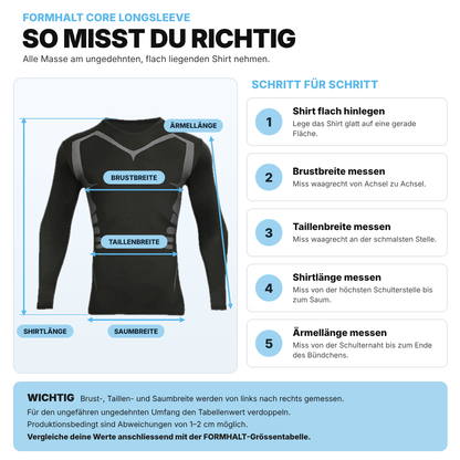 Anleitung zum Messen für Kompressions-Langarmshirt für Herren von FORMHALT CORE, inklusive Schritt-für-Schritt-Anweisungen.