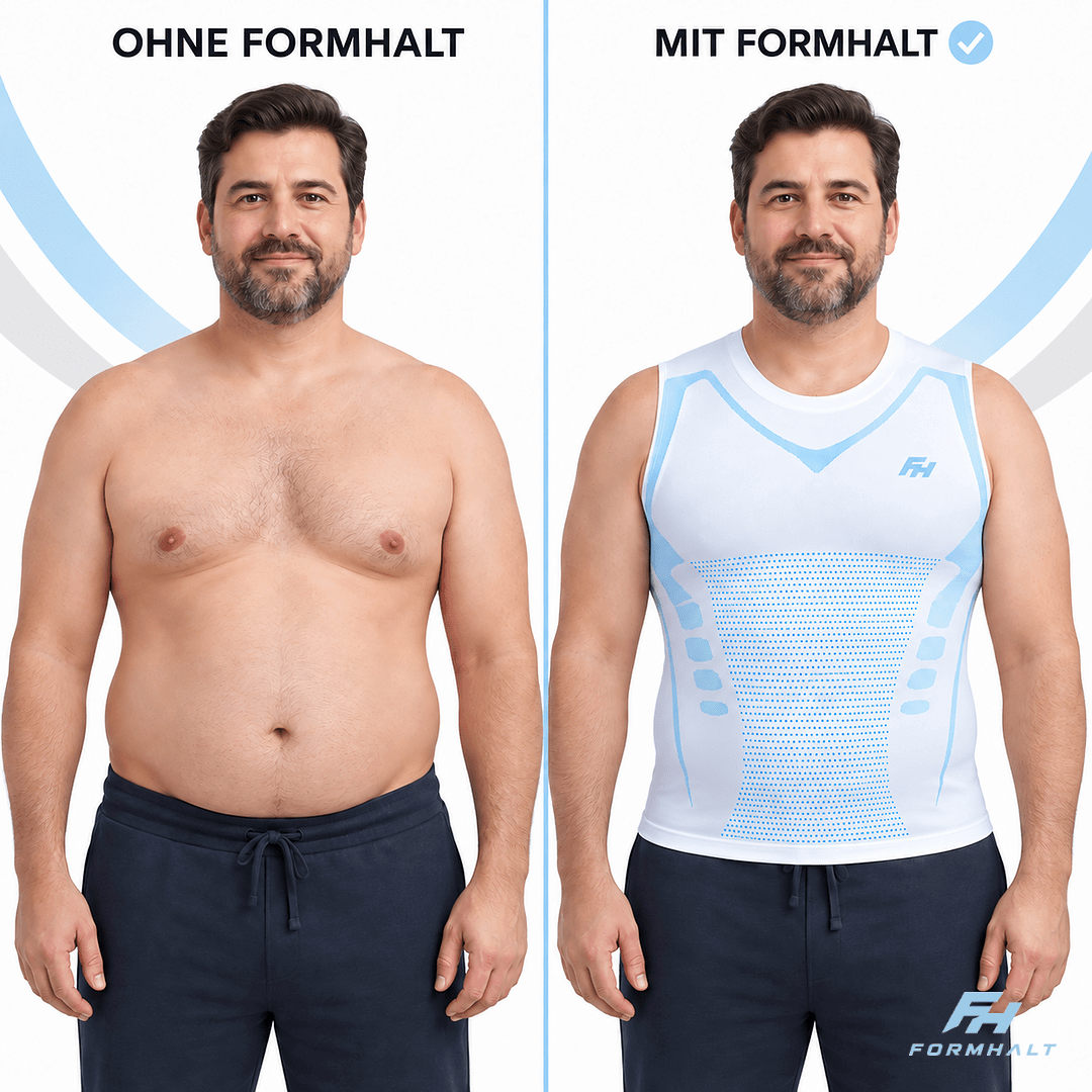Vorher-Nachher Vergleich mit FORMHALT CORE Tank – Kompressions-Tanktop für Herren, das für eine glattere Silhouette sorgt.