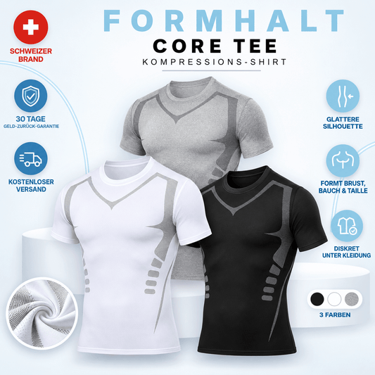 FORMHALT CORE Tee - Kompression T-Shirt für Herren in Schwarz, Weiß und Grau, zeigt glattere Silhouette und gezielte Strickzonen.