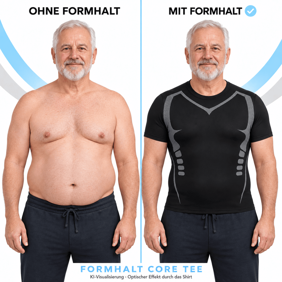 FORMHALT CORE Tee - Kompression T-Shirt für Herren: Vorher-Nachher Bildvergleich mit und ohne Shirt.