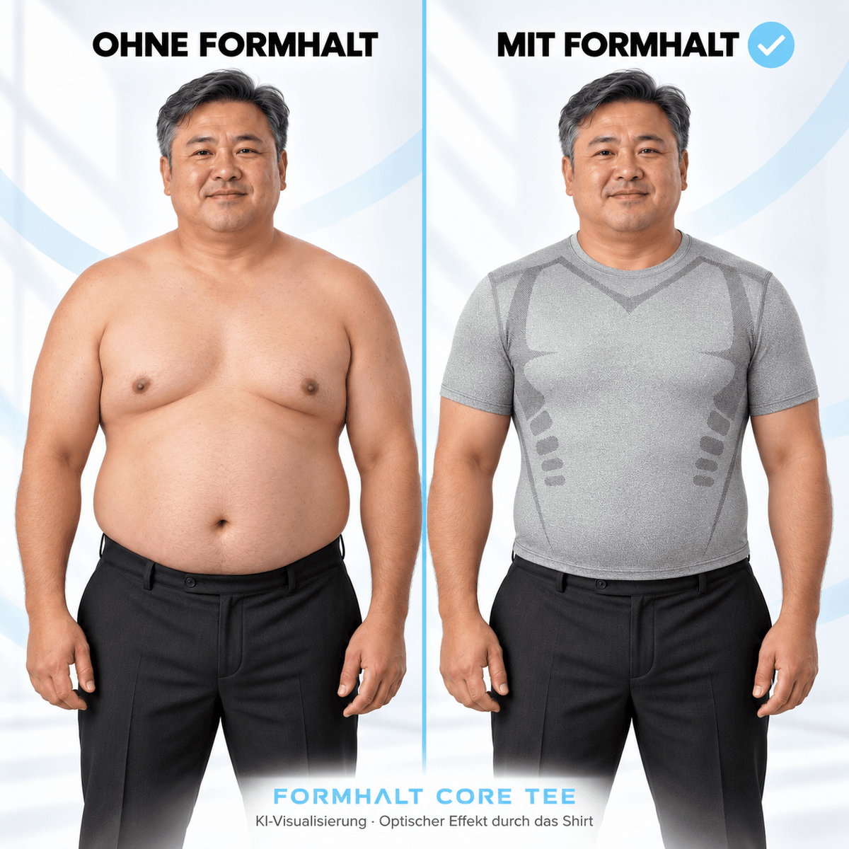 Vorher-Nachher Vergleich mit FORMHALT CORE Tee - Kompression T-Shirt für Herren, das optisch glattere Silhouette bietet.