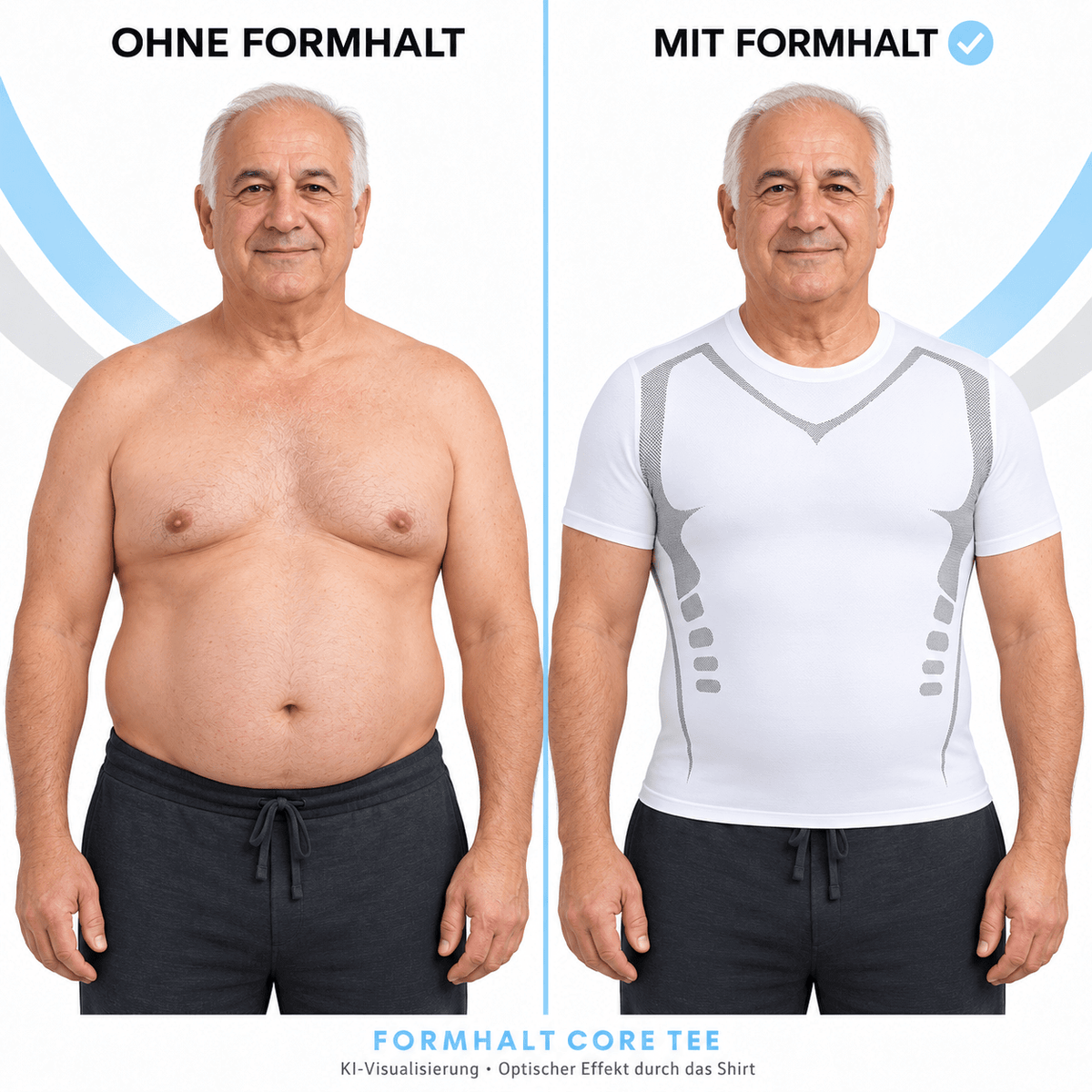 Vorher-Nachher Vergleich: FORMHALT CORE Tee - Kompression T-Shirt für Herren zeigt den optischen Effekt des Shirts.