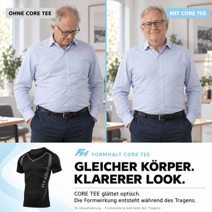 FORMHALT CORE Tee - Kompression T-Shirt für Herren im Vergleich, zeigt klare Silhouette mit und ohne Shirt.