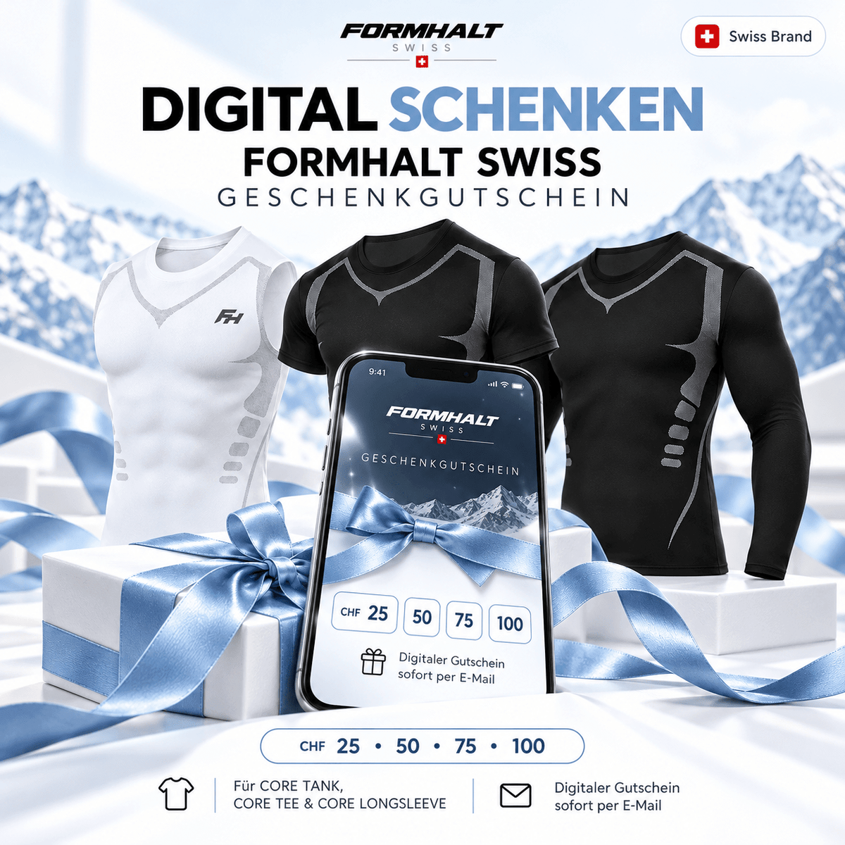 FORMHALT SWISS Geschenkgutschein kaufen – Präsentation digitaler Gutscheine mit CORE TANK, TEE und LONGSLEEVE.