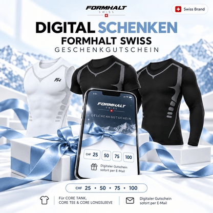 FORMHALT SWISS Geschenkgutschein kaufen – Präsentation digitaler Gutscheine mit CORE TANK, TEE und LONGSLEEVE.