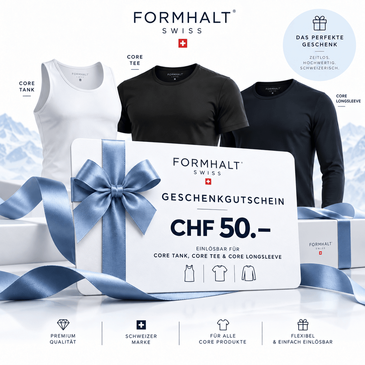 FORMHALT SWISS Geschenkgutschein kaufen für CHF 50.-, einlösbar für CORE TANK, CORE TEE und CORE LONGSLEEVE.