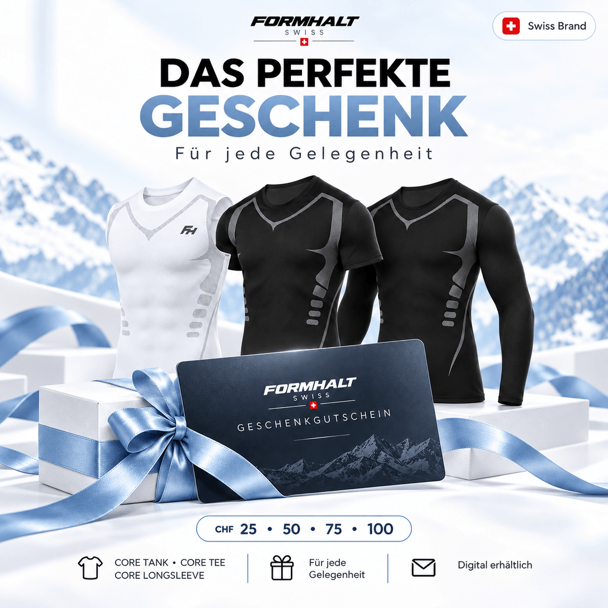 FORMHALT SWISS Geschenkgutschein kaufen - Geschenkbox mit Kompressionsshirts und Gutschein