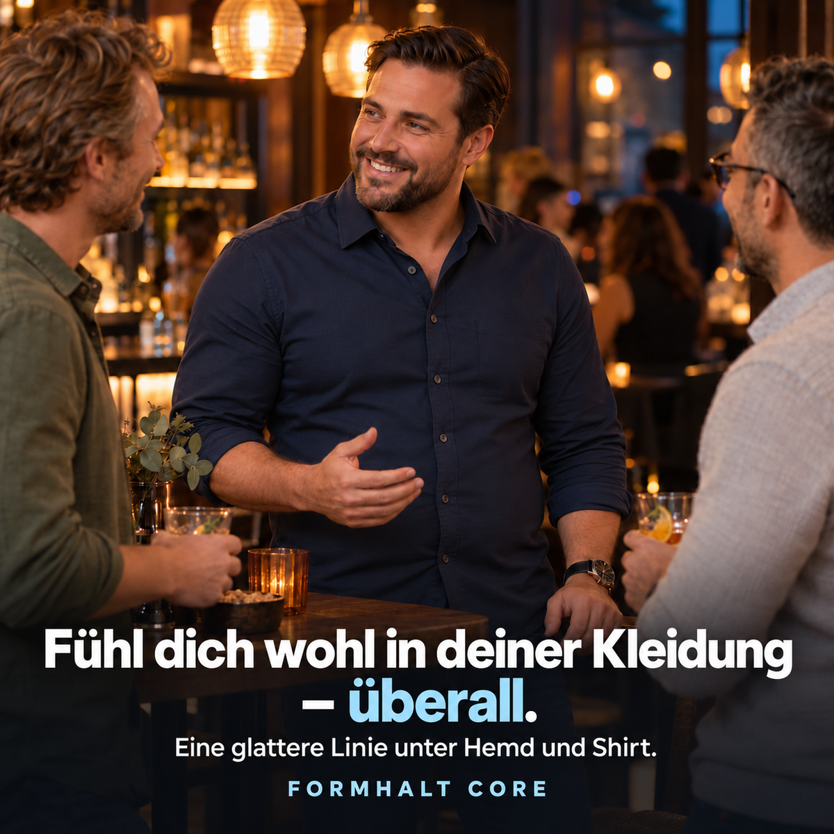 Mann im dunkelblauen Hemd unterhält sich mit Freunden in einer Bar. FORMHALT CORE: Fühl dich wohl in deiner Kleidung – überall.